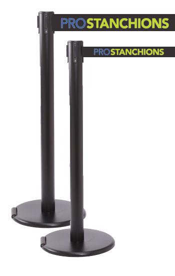RollerPro Xtra E-Z Roll Portable Retractable 3in Belt Barrier, Black Stanchion Post, QueueSolutions ROL250B-X-BK110
