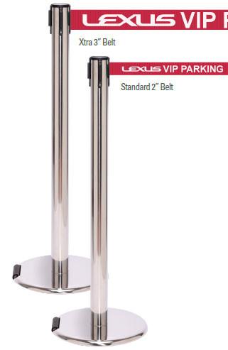 RollerPro Xtra E-Z Roll Portable Retractable 3in Belt Barrier, Polished Stainless Stanchion Post, QueueSolutions ROL250PS-X-BK110
