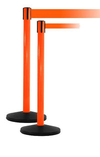 SafetyPro Xtra Industrial-Tough Retractable Belt Barrier, Orange Stanchion Post, QueueSolutions SPRO250O-X-BK110