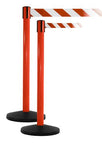 SafetyMaster Xtra Wide 3in x 11ft Retractable Belt Barrier, Red Stanchion Post, QueueSolutions SM450R-X-BK110