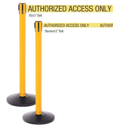 SafetyPro Xtra Industrial-Tough Retractable Belt Barrier, Yellow Stanchion Post, QueueSolutions SPRO250Y-X-BK110