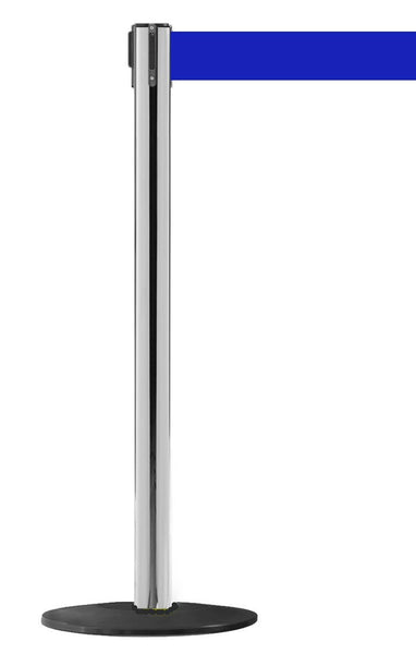 WeatherPro 250 Xtra Wide Belt Outdoor Retractable Belt Barrier, Polished Stainless Stanchion Post w Milled Aluminum Base, 3in x 11ft Belt, QueueSolutions WPRO250X-PS-BK