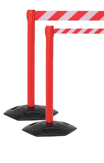 WeatherMaster 250 Xtra Wide 3in Belt, Outdoor Retractable Belt Barrier, Red Stanchion Post w Rubber Base, QueueSolutions WMR250R-X-BK110